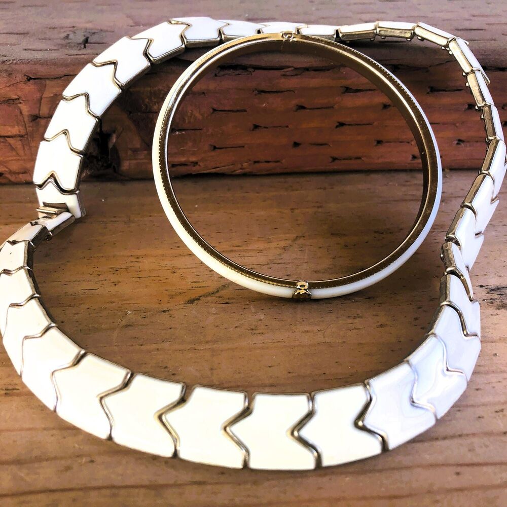 Vintage 1960s Mod White Enamel Necklace & Bonus Bracelet Set Retro Statement
